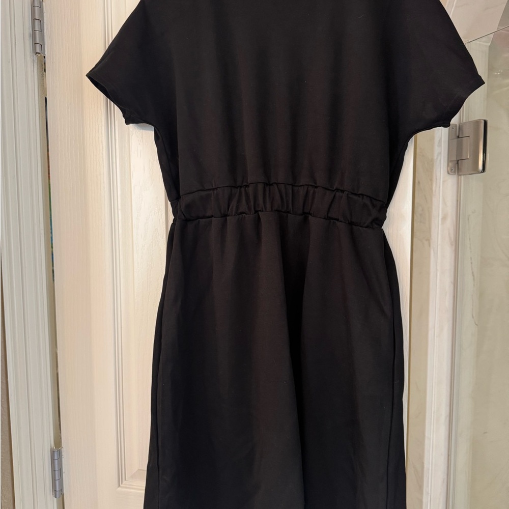 Black Short-Sleeve Cinched-Waist Dress
